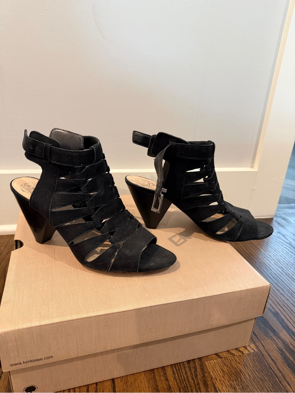 Vince Camuto Black Strappy Suede Cutout Heels - Picture 3 of 5